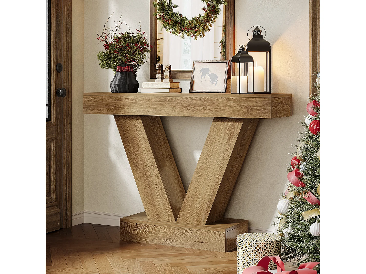 Console de 105 cm, table d'entrée avec pieds en V, idéale pour le salon ou le couloir, à placer derrière un canapé ou un fauteuil.