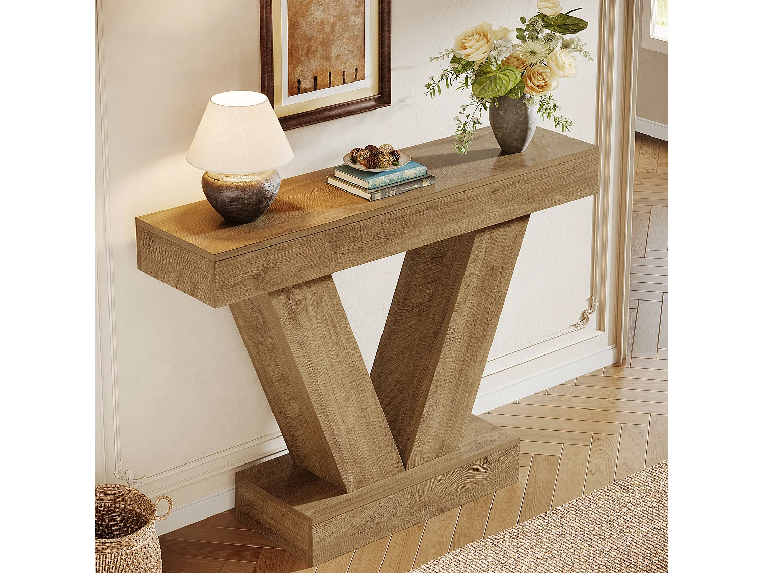 Console de 105 cm, table d'entrée avec pieds en V, idéale pour le salon ou le couloir, à placer derrière un canapé ou un fauteuil.