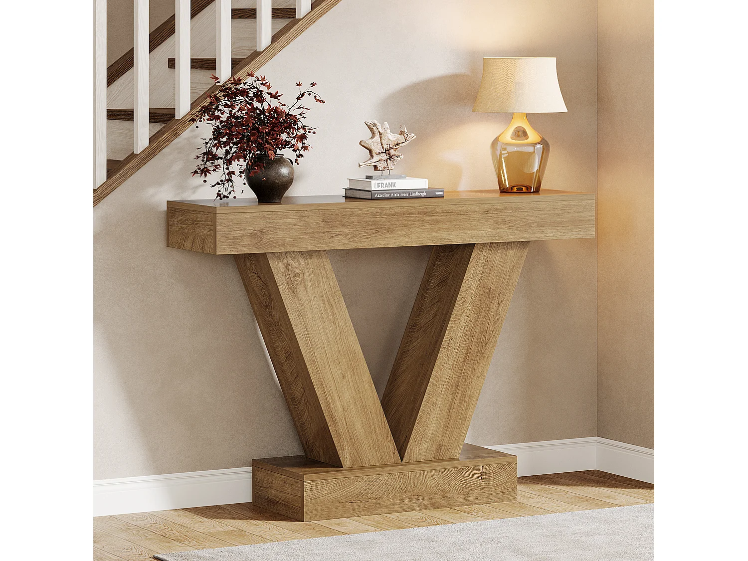 Console de 105 cm, table d'entrée avec pieds en V, idéale pour le salon ou le couloir, à placer derrière un canapé ou un fauteuil.