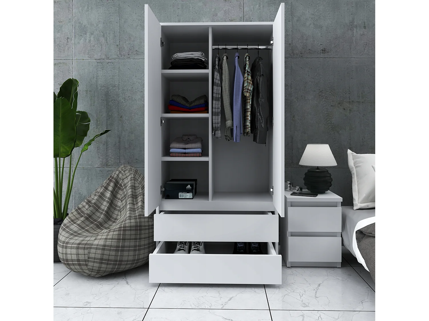 Set de Meuble de Rangement – Armoire 90 cm + Commode 4 Tiroirs 60cm  – Blanc – Moderne et Pratique