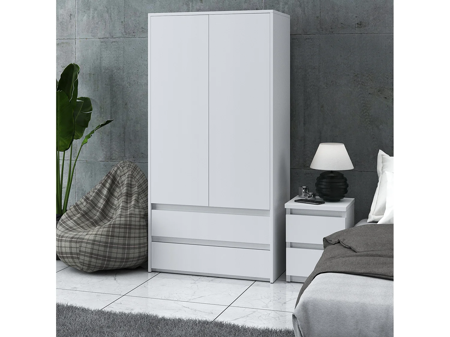 Set de Meuble de Rangement – Armoire 90 cm + Commode 4 Tiroirs 60cm  – Blanc – Moderne et Pratique