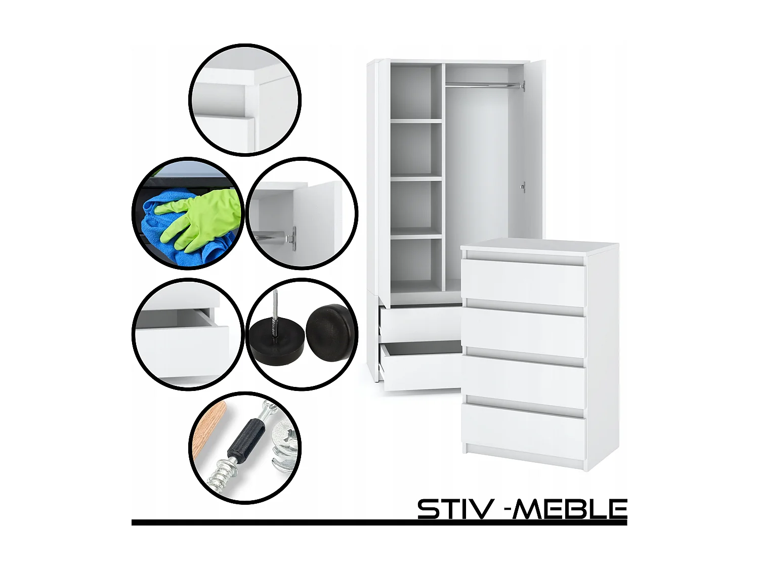 Set de Meuble de Rangement – Armoire 90 cm + Commode 4 Tiroirs 60cm  – Blanc – Moderne et Pratique