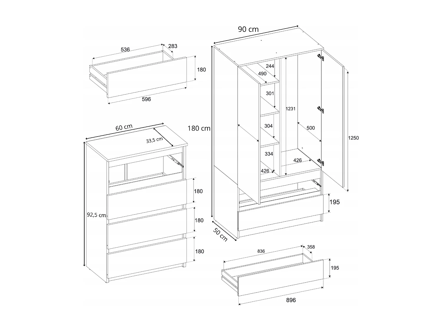 Set de Meuble de Rangement – Armoire 90 cm + Commode 4 Tiroirs 60cm  – Blanc – Moderne et Pratique