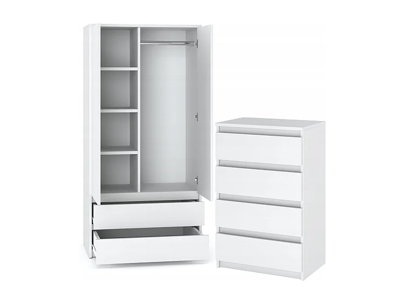 Set de Meuble de Rangement – Armoire 90 cm + Commode 4 Tiroirs 60cm  – Blanc – Moderne et Pratique