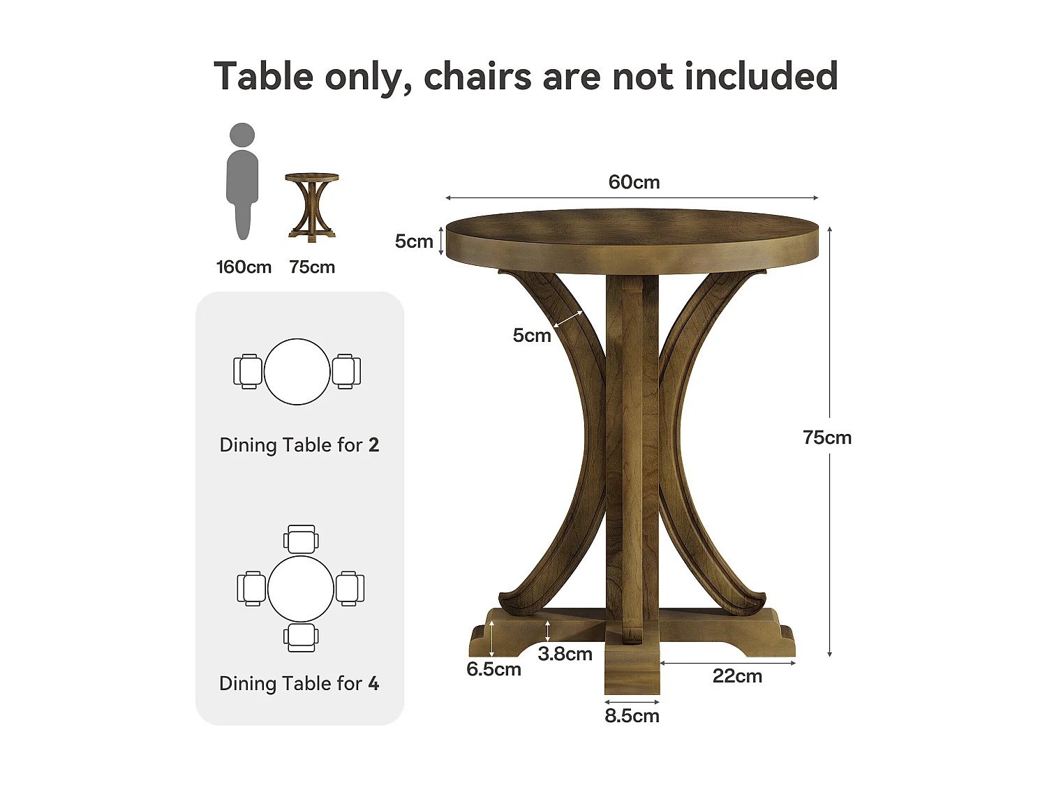 Table de salle à manger ronde pour 2 personnes, table de bistro rétro avec pieds en sapin massif