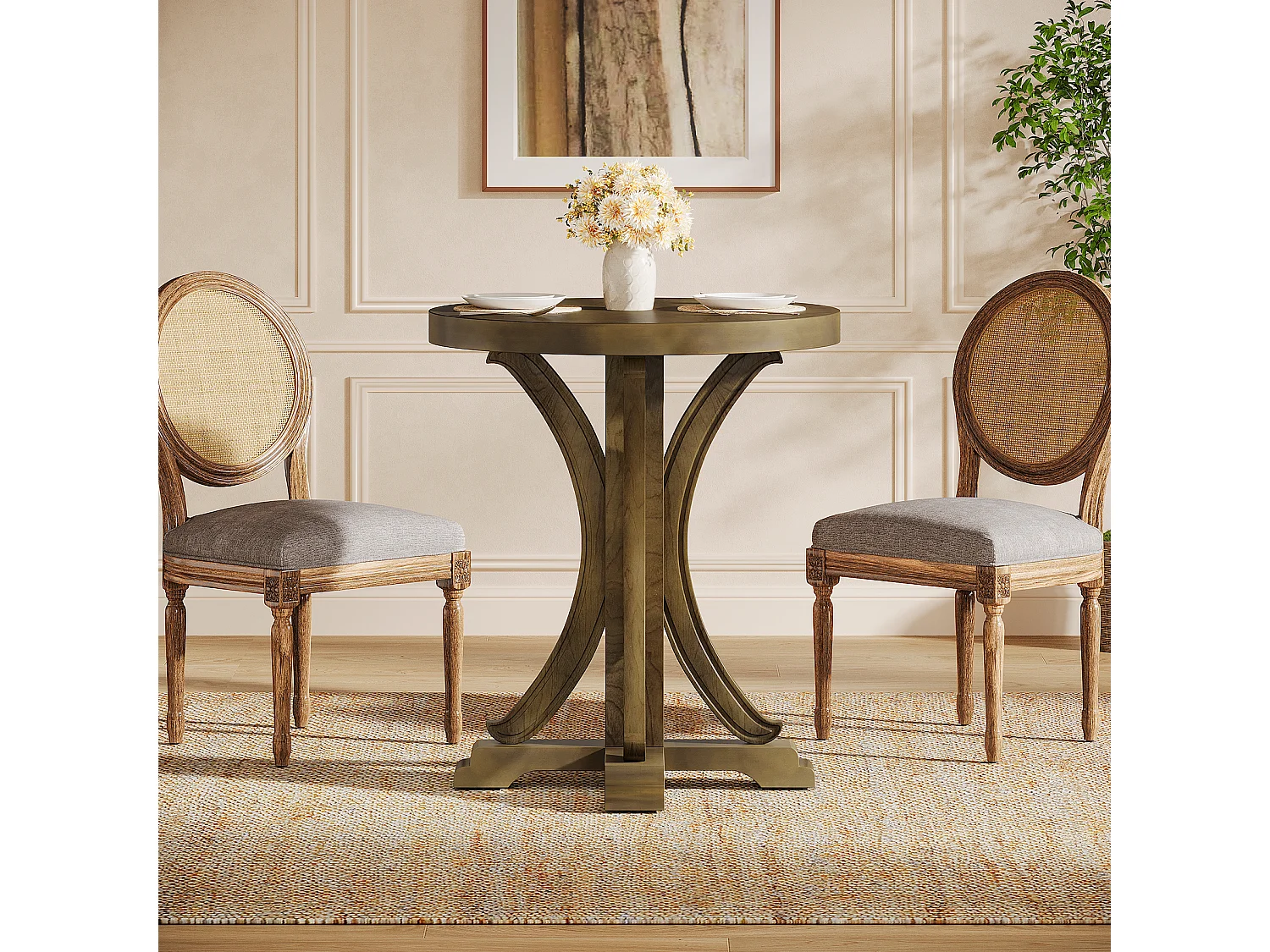 Table de salle à manger ronde pour 2 personnes, table de bistro rétro avec pieds en sapin massif