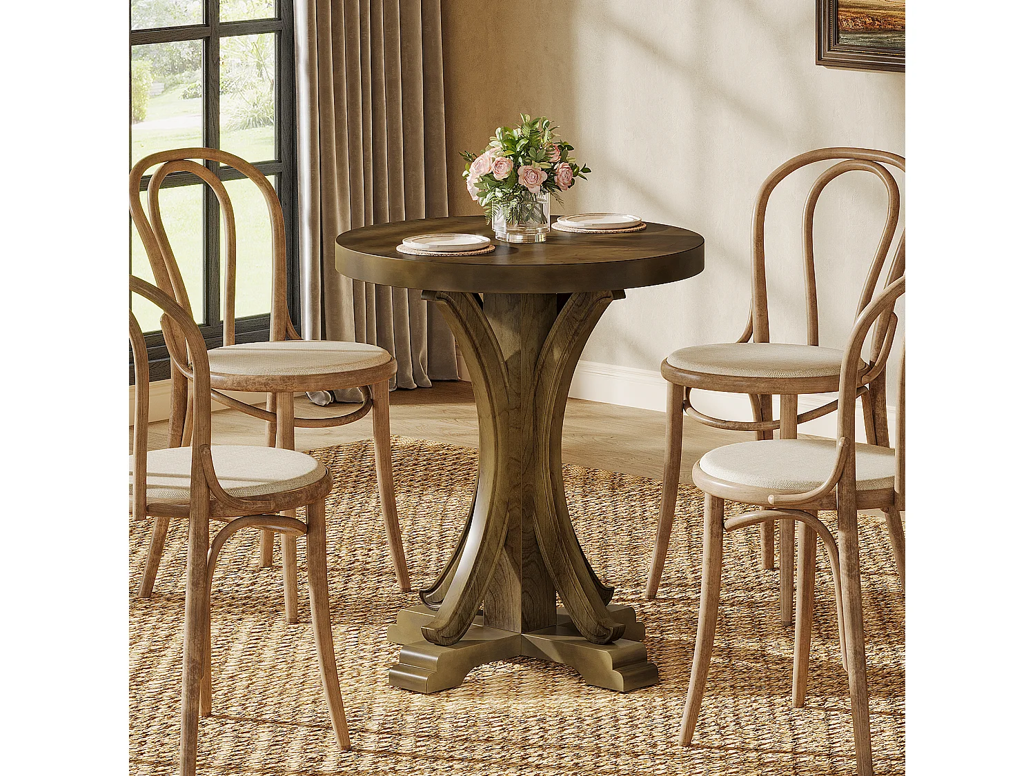 Table de salle à manger ronde pour 2 personnes, table de bistro rétro avec pieds en sapin massif