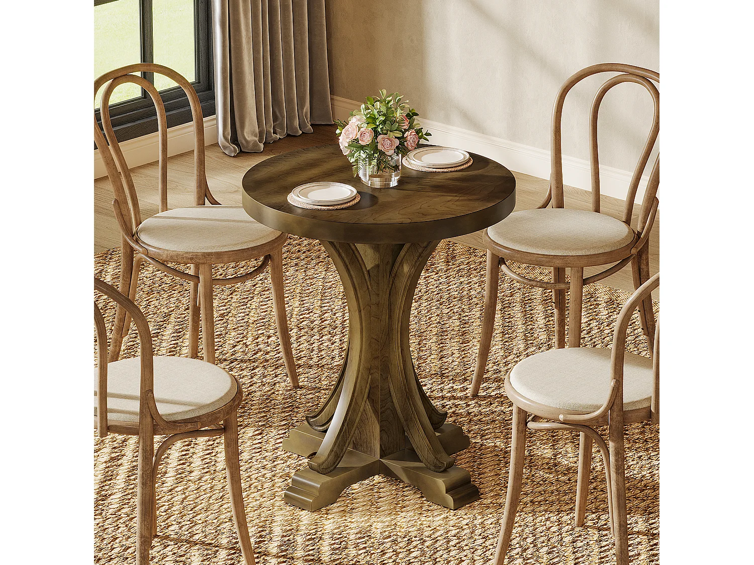 Table de salle à manger ronde pour 2 personnes, table de bistro rétro avec pieds en sapin massif