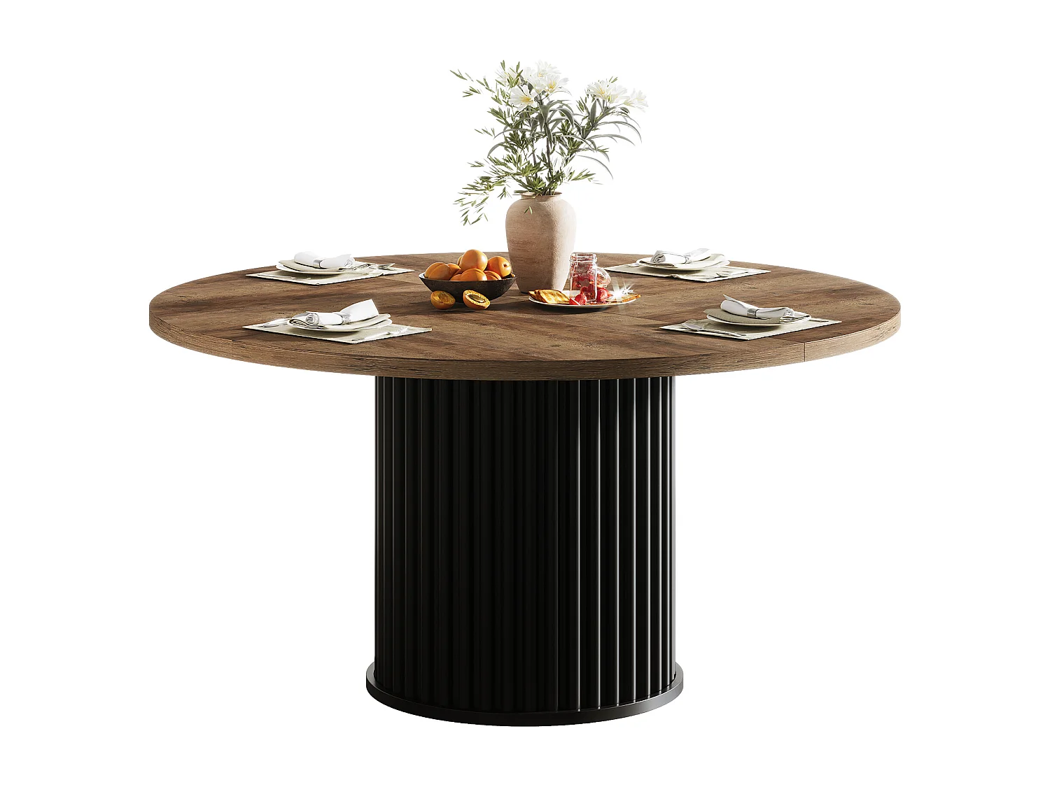 Table de salle à manger ronde pour 4 à 6 personnes, 120 cm, style moderne, avec piètement rond cannelé.
