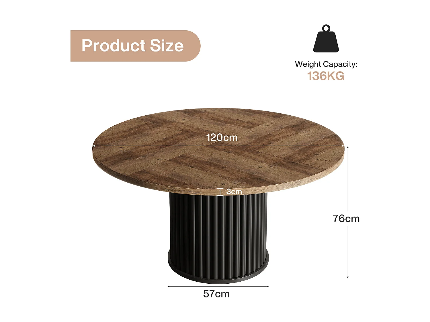 Table de salle à manger ronde pour 4 à 6 personnes, 120 cm, style moderne, avec piètement rond cannelé.