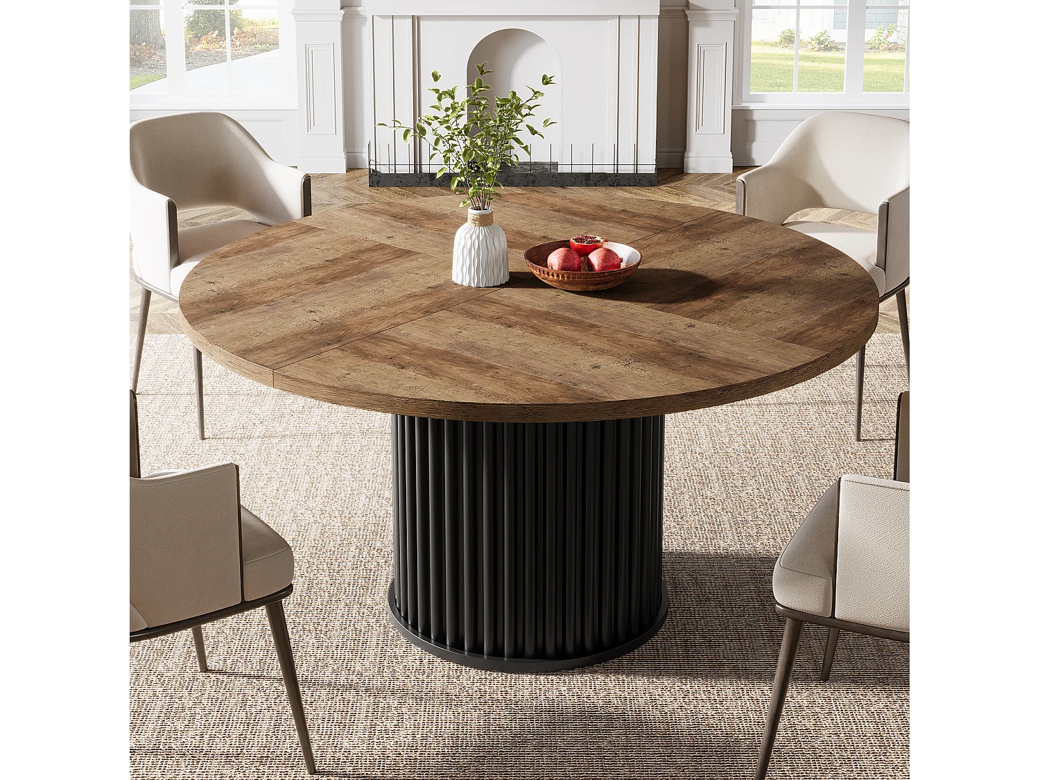 Table de salle à manger ronde pour 4 à 6 personnes, 120 cm, style moderne, avec piètement rond cannelé.