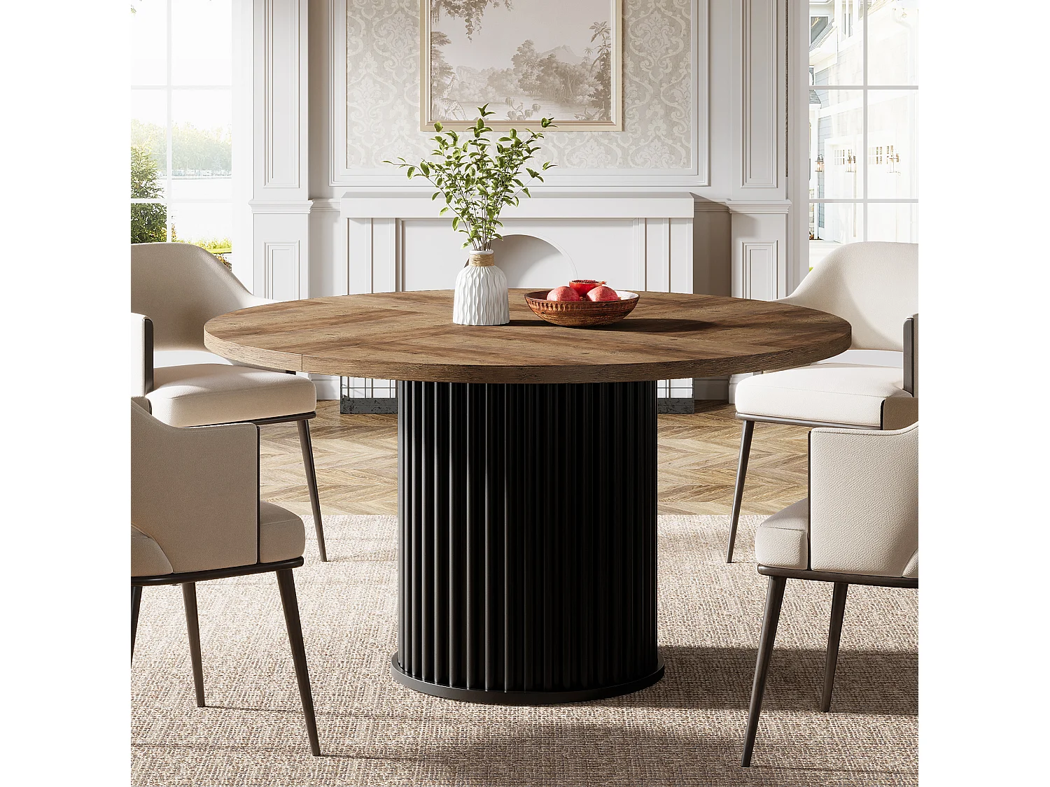 Table de salle à manger ronde pour 4 à 6 personnes, 120 cm, style moderne, avec piètement rond cannelé.