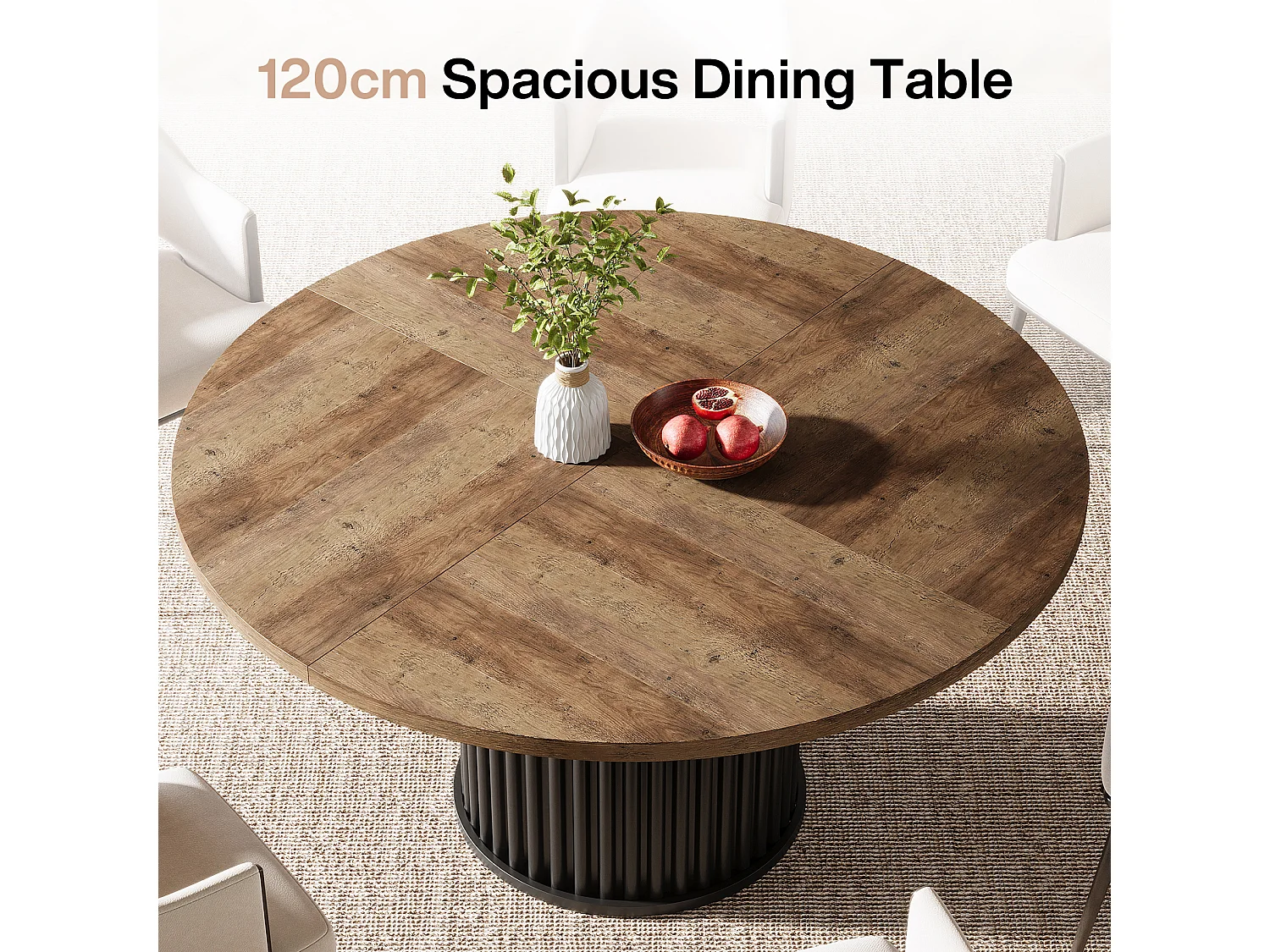 Table de salle à manger ronde pour 4 à 6 personnes, 120 cm, style moderne, avec piètement rond cannelé.