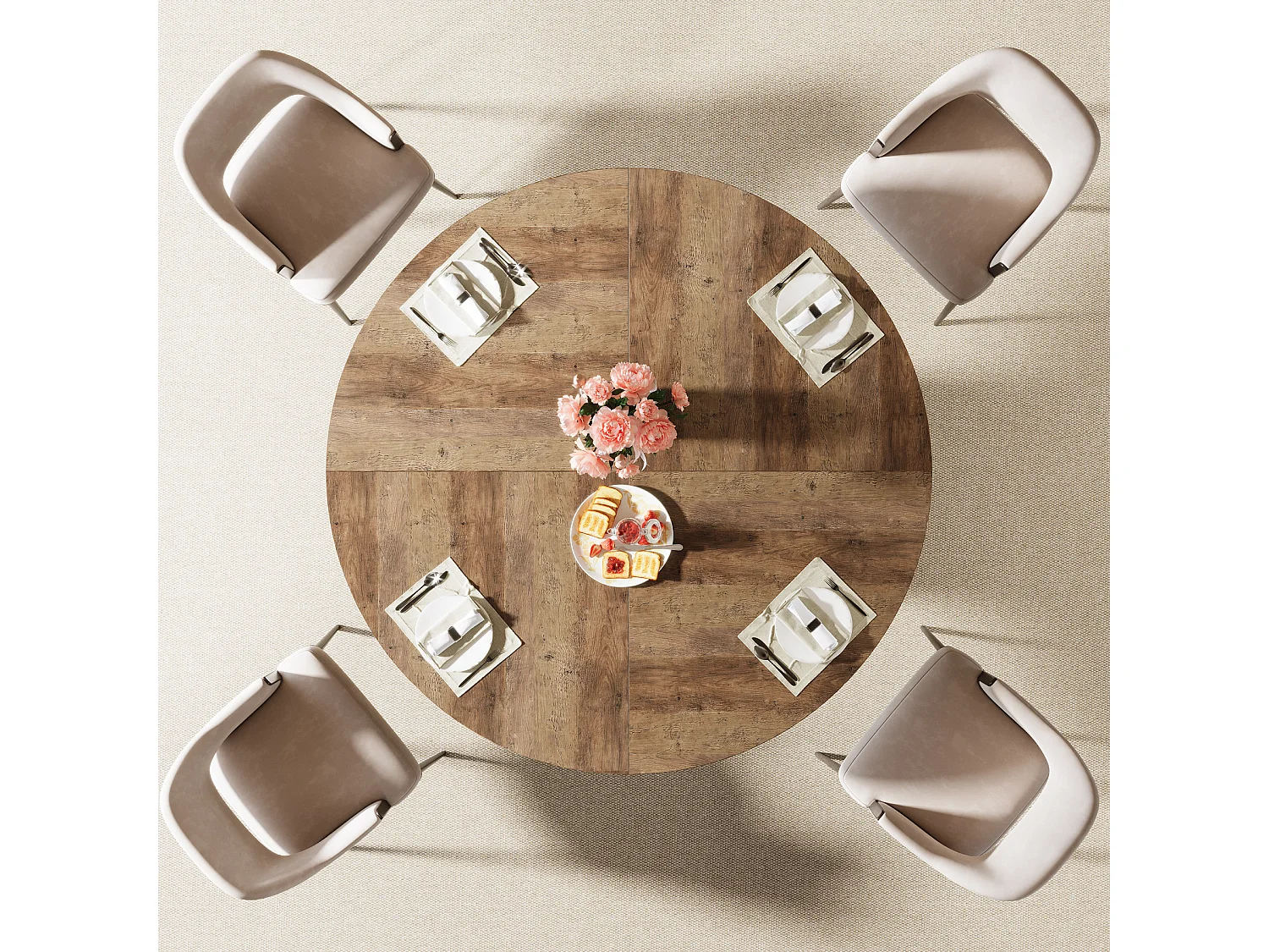 Table de salle à manger ronde pour 4 à 6 personnes, 120 cm, style moderne, avec piètement rond cannelé.