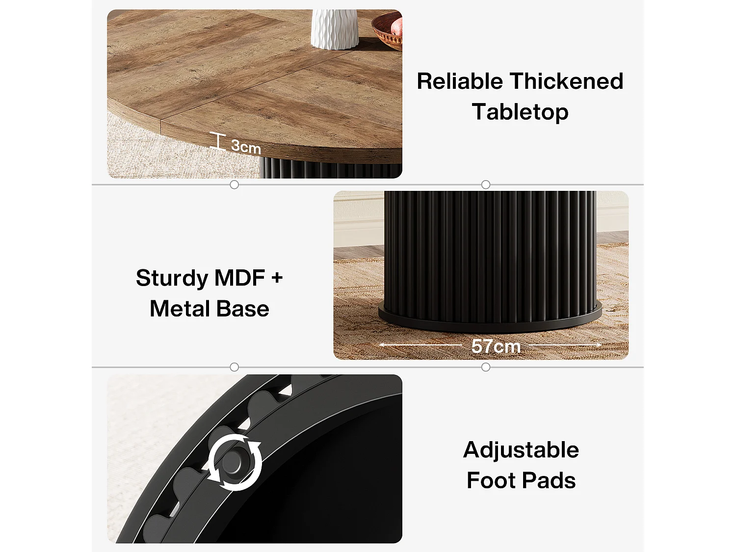 Table de salle à manger ronde pour 4 à 6 personnes, 120 cm, style moderne, avec piètement rond cannelé.