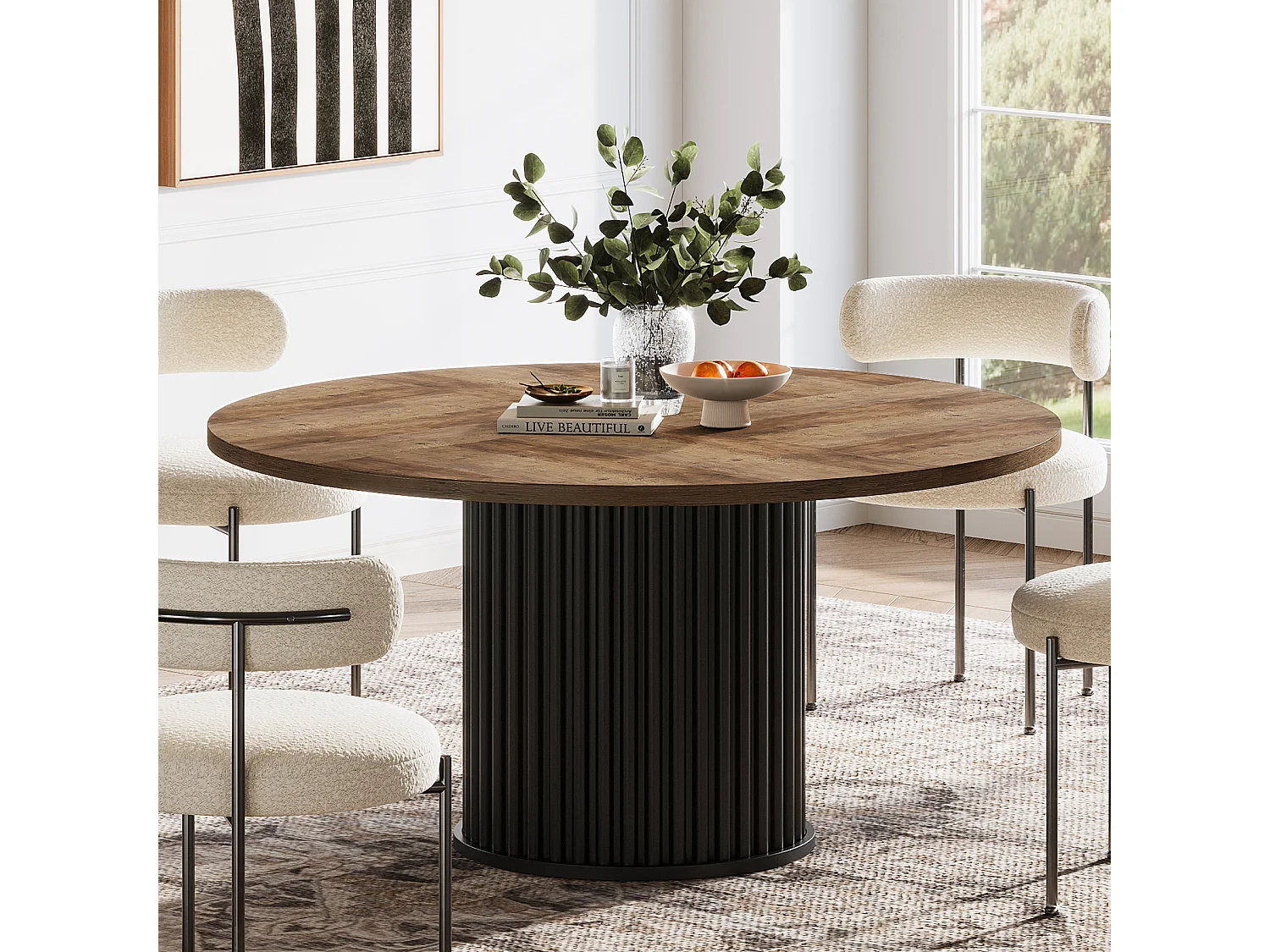 Table de salle à manger ronde pour 4 à 6 personnes, 120 cm, style moderne, avec piètement rond cannelé.
