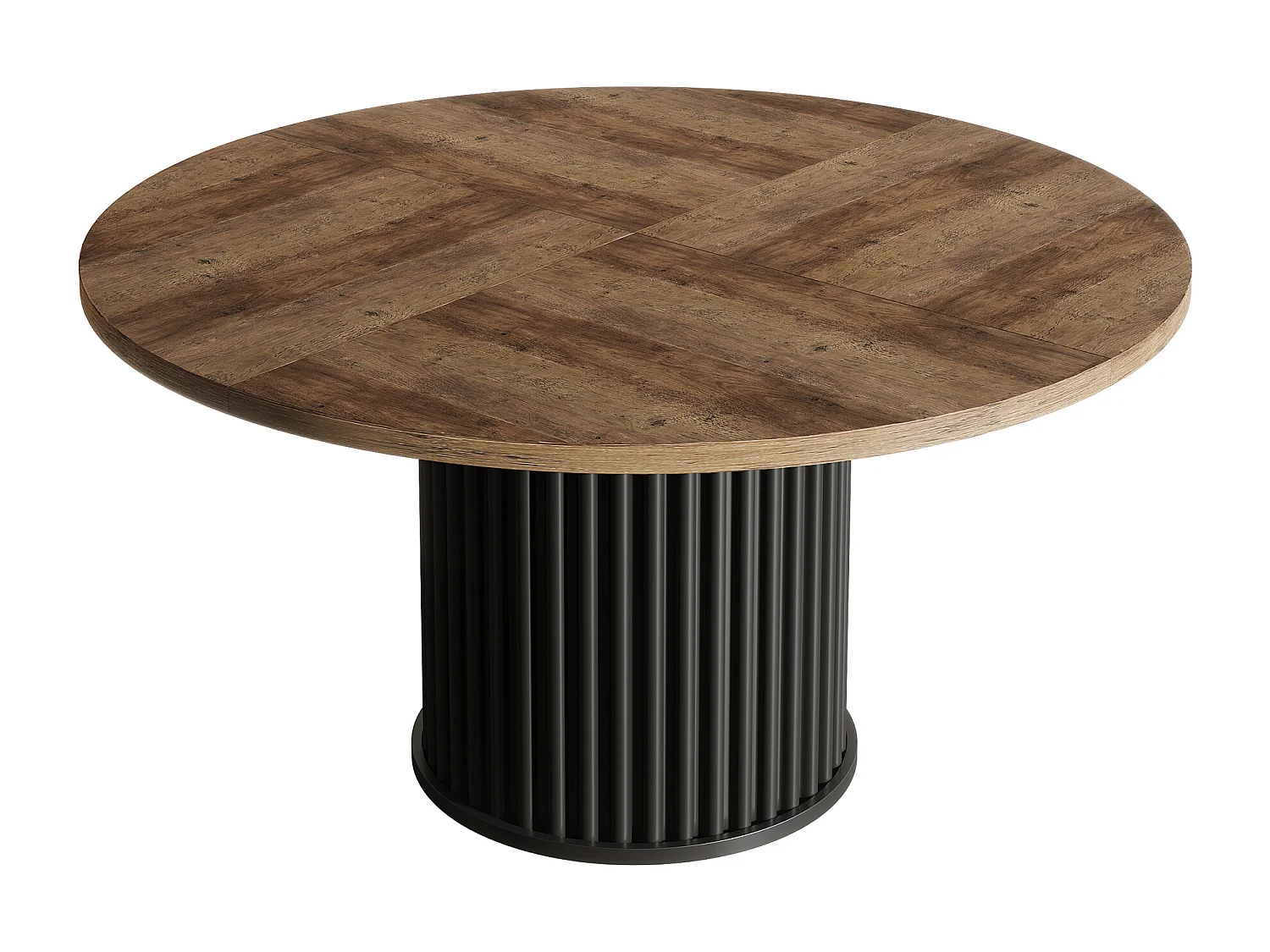 Table de salle à manger ronde pour 4 à 6 personnes, 120 cm, style moderne, avec piètement rond cannelé.