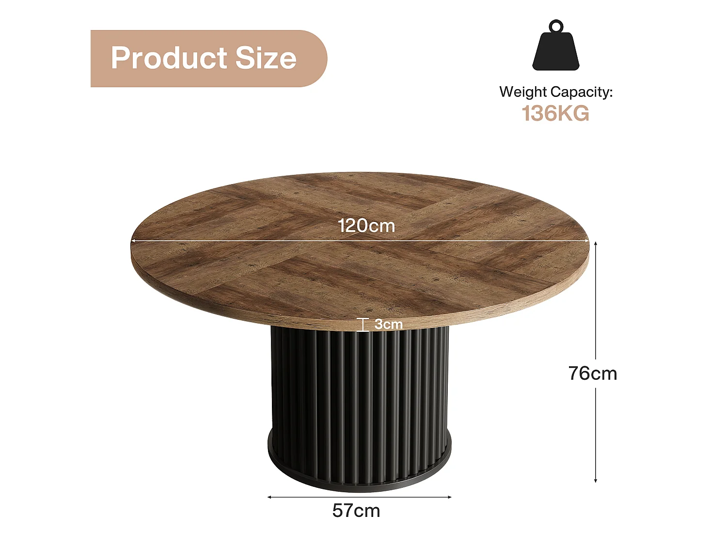 Ronde eettafel voor 4-6 personen, 120 cm, moderne ronde keukentafel met gegroefde ronde voet.