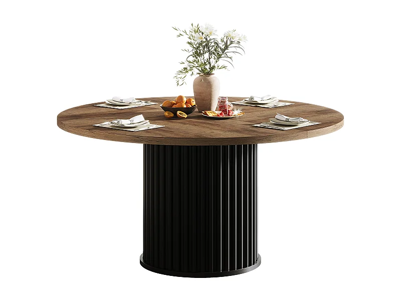 Table de salle à manger ronde pour 4 à 6 personnes, 120 cm, style moderne, avec piètement rond cannelé.