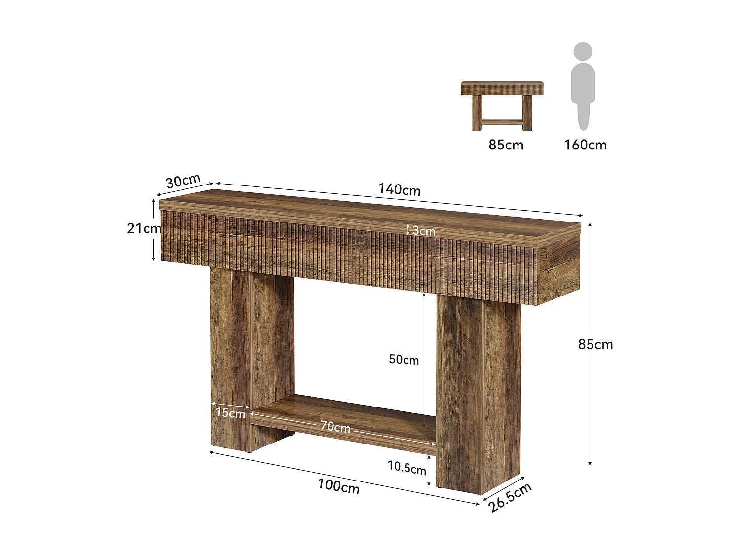 140 cm hohes Eingangstisch mit Ablagemöglichkeiten, Landhaus-Konsolentisch für den Flur, 2-stufiger Sofatisch für hinter dem Sofa