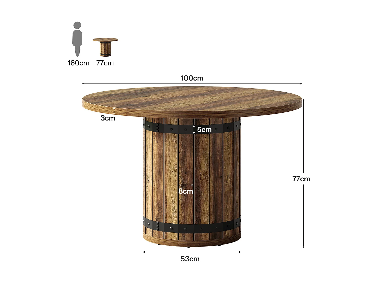 Table de salle à manger ronde de style campagnard, table de 100 cm pour 4 personnes, table de cuisine ronde