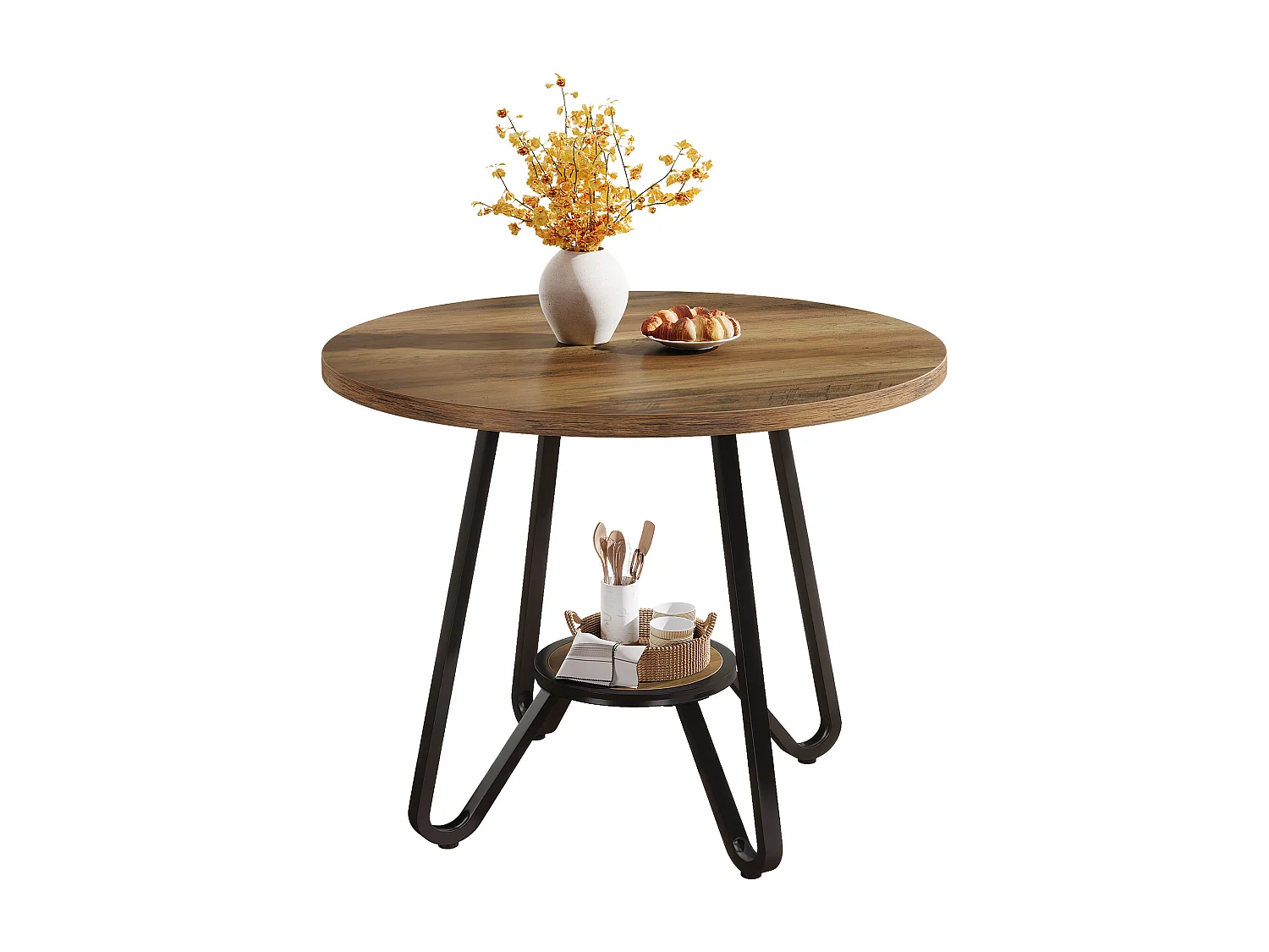 Table de salle à manger ronde avec double étagère, petite table de cuisine pour 2 personnes, style industriel