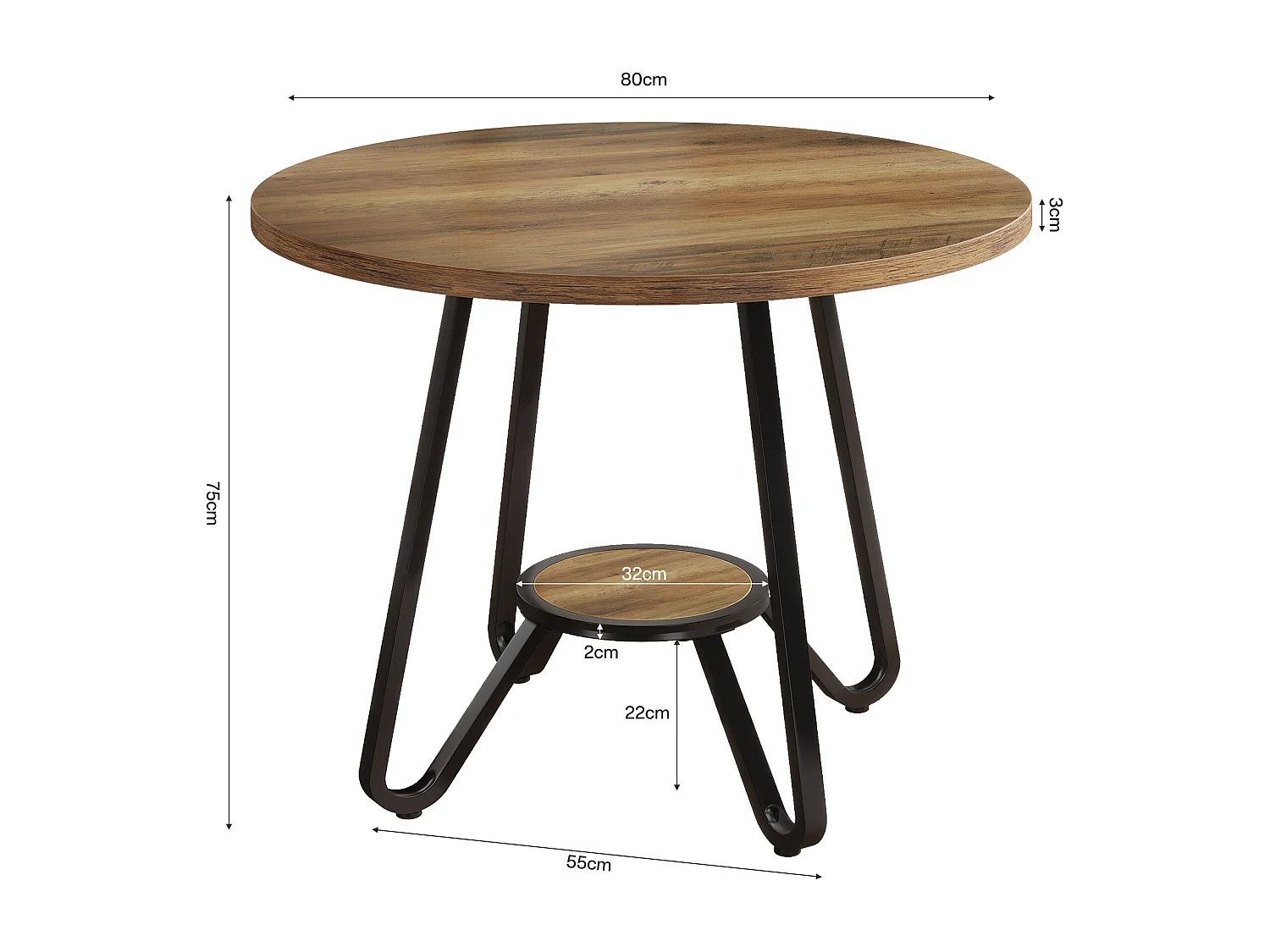 Table de salle à manger ronde avec double étagère, petite table de cuisine pour 2 personnes, style industriel