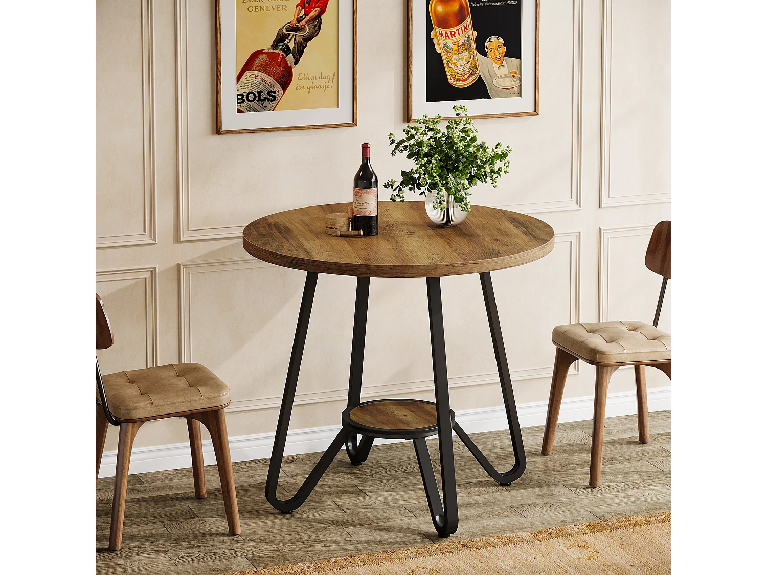 Table de salle à manger ronde avec double étagère, petite table de cuisine pour 2 personnes, style industriel