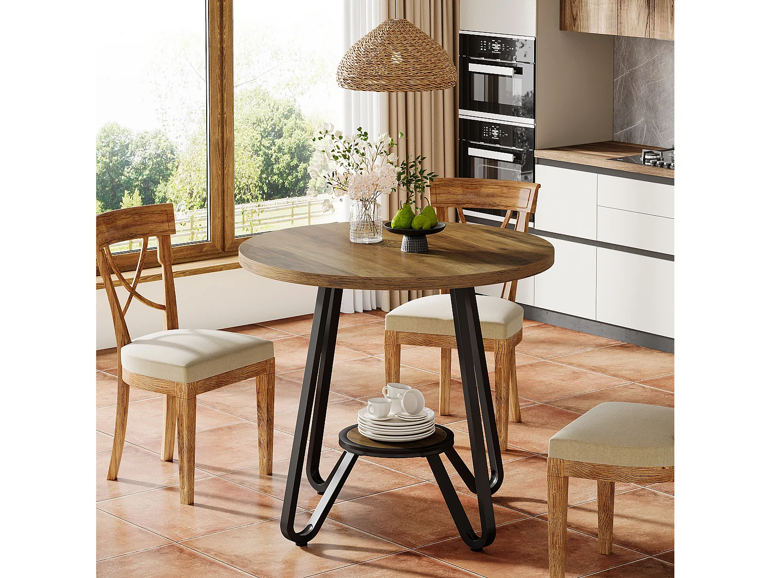 Table de salle à manger ronde avec double étagère, petite table de cuisine pour 2 personnes, style industriel