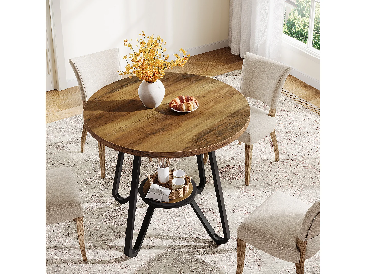 Table de salle à manger ronde avec double étagère, petite table de cuisine pour 2 personnes, style industriel
