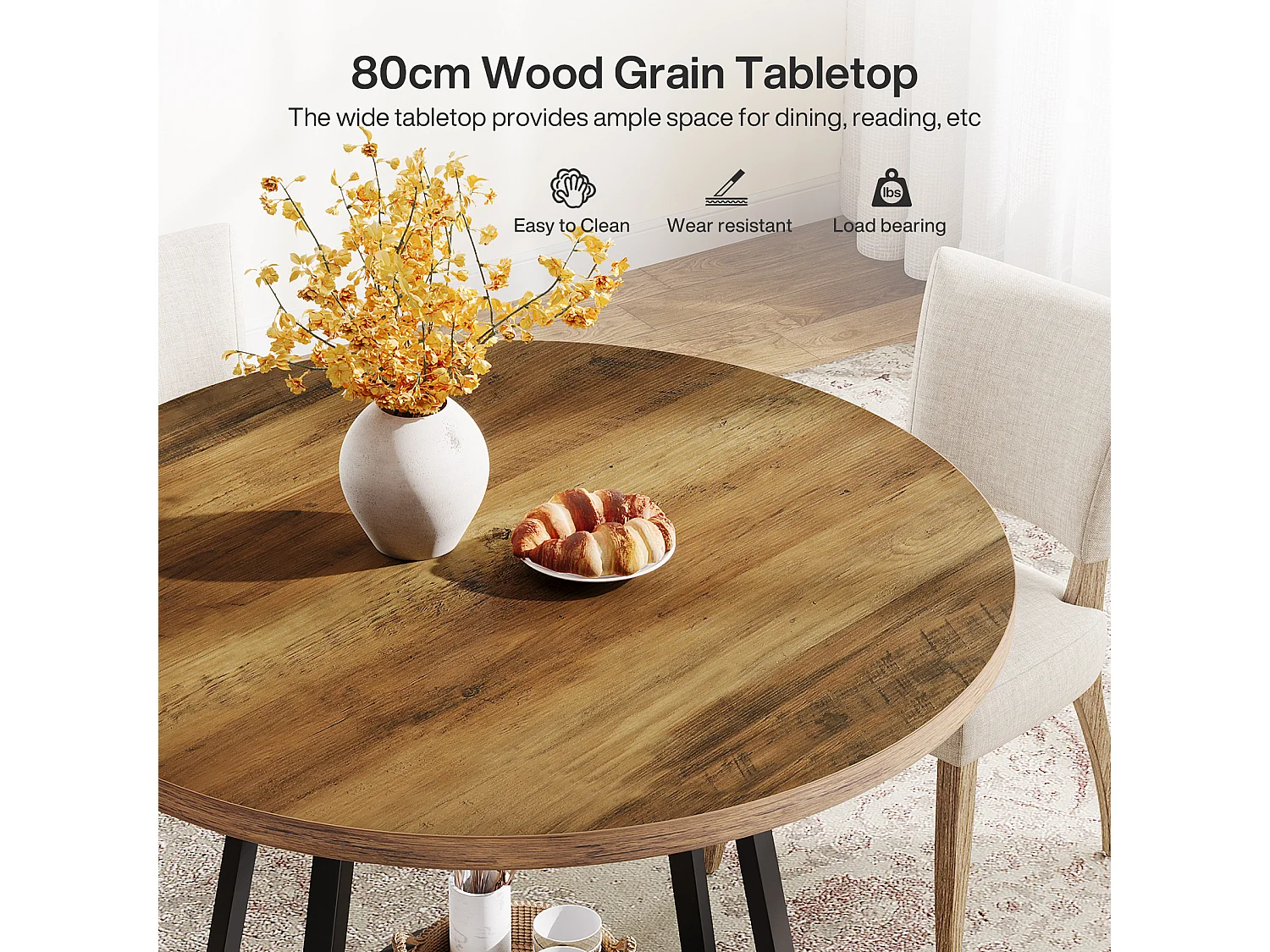 Table de salle à manger ronde avec double étagère, petite table de cuisine pour 2 personnes, style industriel