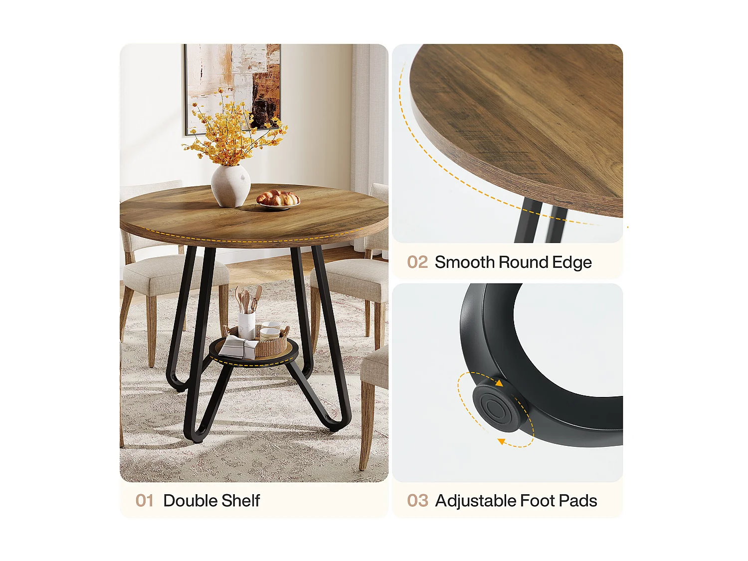 Table de salle à manger ronde avec double étagère, petite table de cuisine pour 2 personnes, style industriel