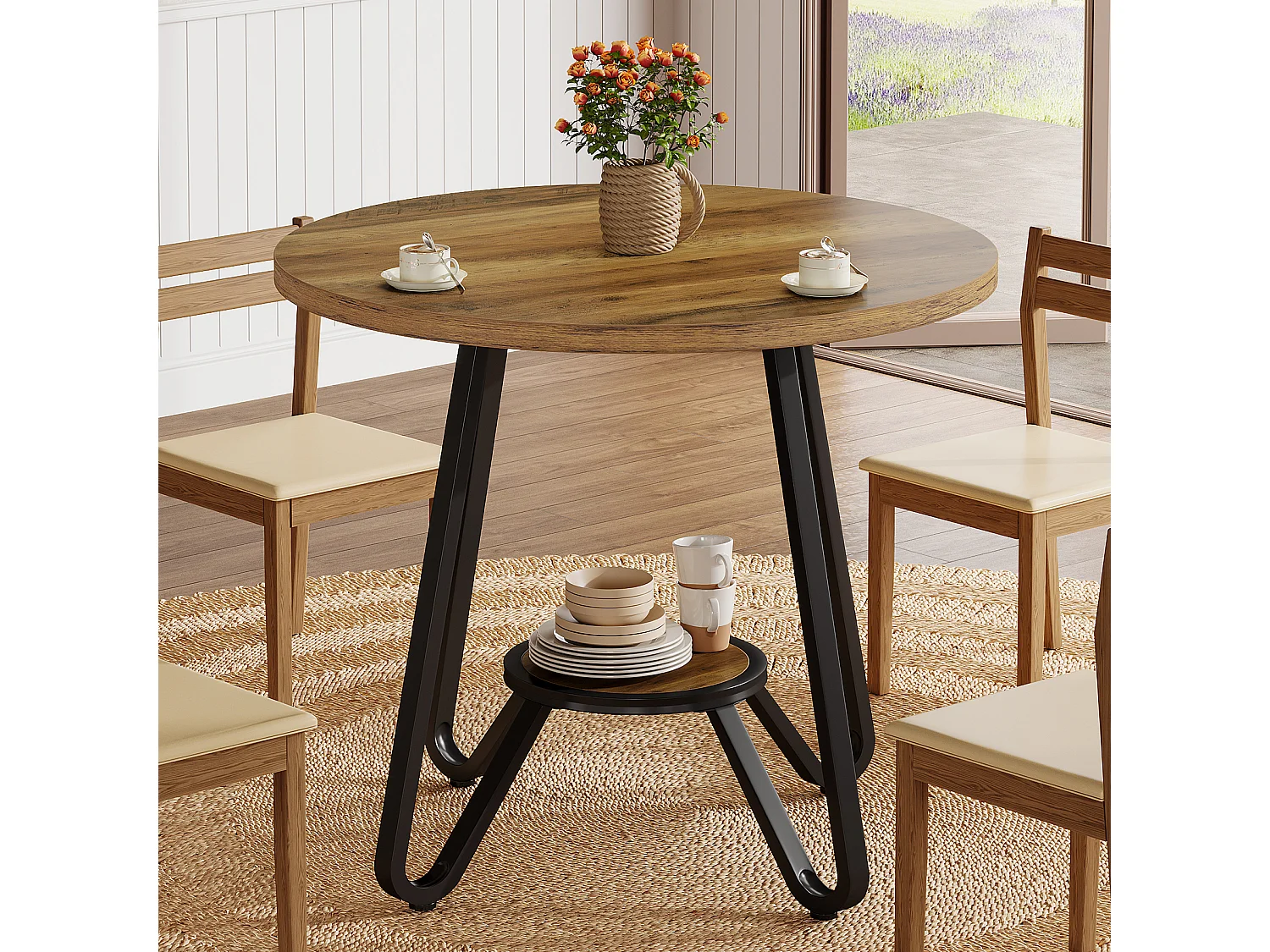 Table de salle à manger ronde avec double étagère, petite table de cuisine pour 2 personnes, style industriel