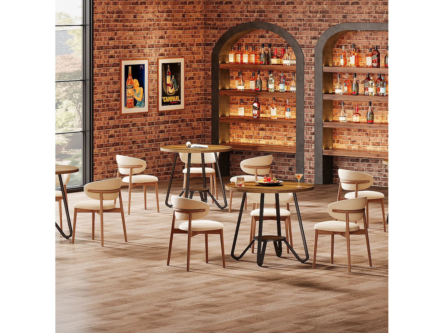 Table de salle à manger ronde avec double étagère, petite table de cuisine pour 2 personnes, style industriel