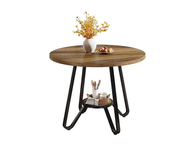 Table de salle à manger ronde avec double étagère, petite table de cuisine pour 2 personnes, style industriel