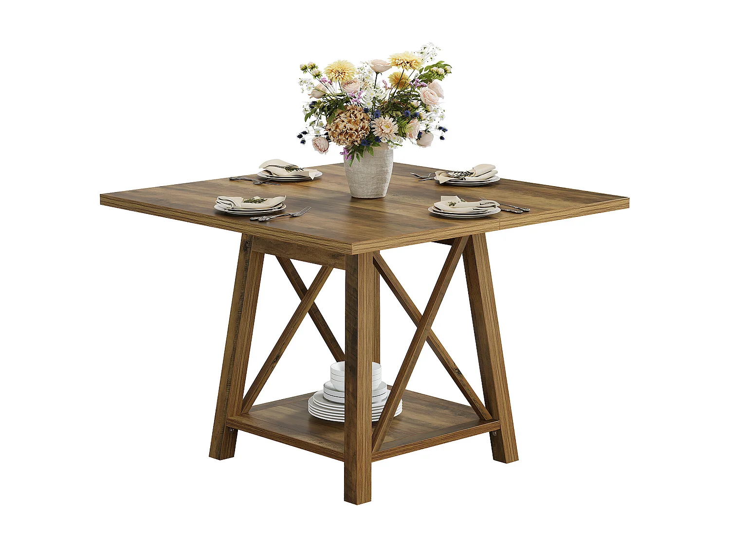 Kwadratowy stół jadalny dla 4 osób, stół kuchenny w stylu rustykalnym z półkami do przechowywania