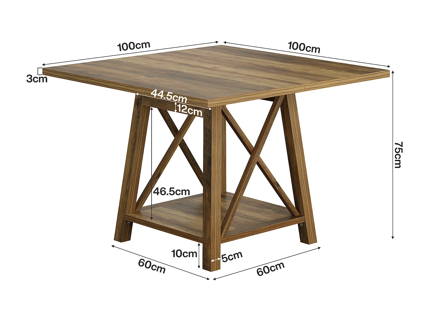Kwadratowy stół jadalny dla 4 osób, stół kuchenny w stylu rustykalnym z półkami do przechowywania