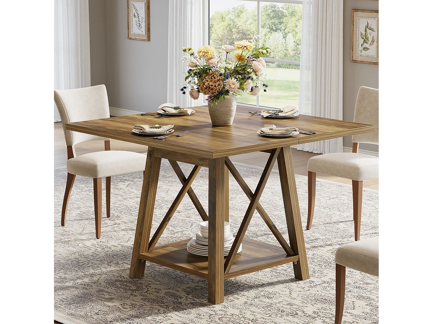 Kwadratowy stół jadalny dla 4 osób, stół kuchenny w stylu rustykalnym z półkami do przechowywania