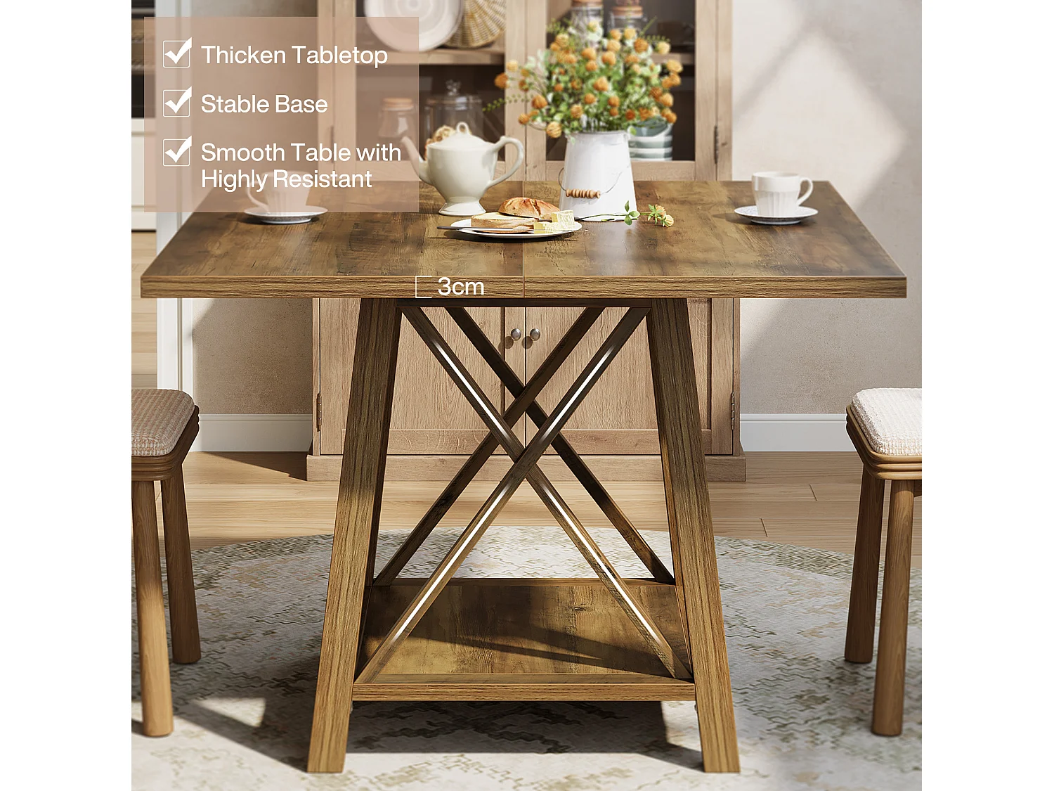 Kwadratowy stół jadalny dla 4 osób, stół kuchenny w stylu rustykalnym z półkami do przechowywania