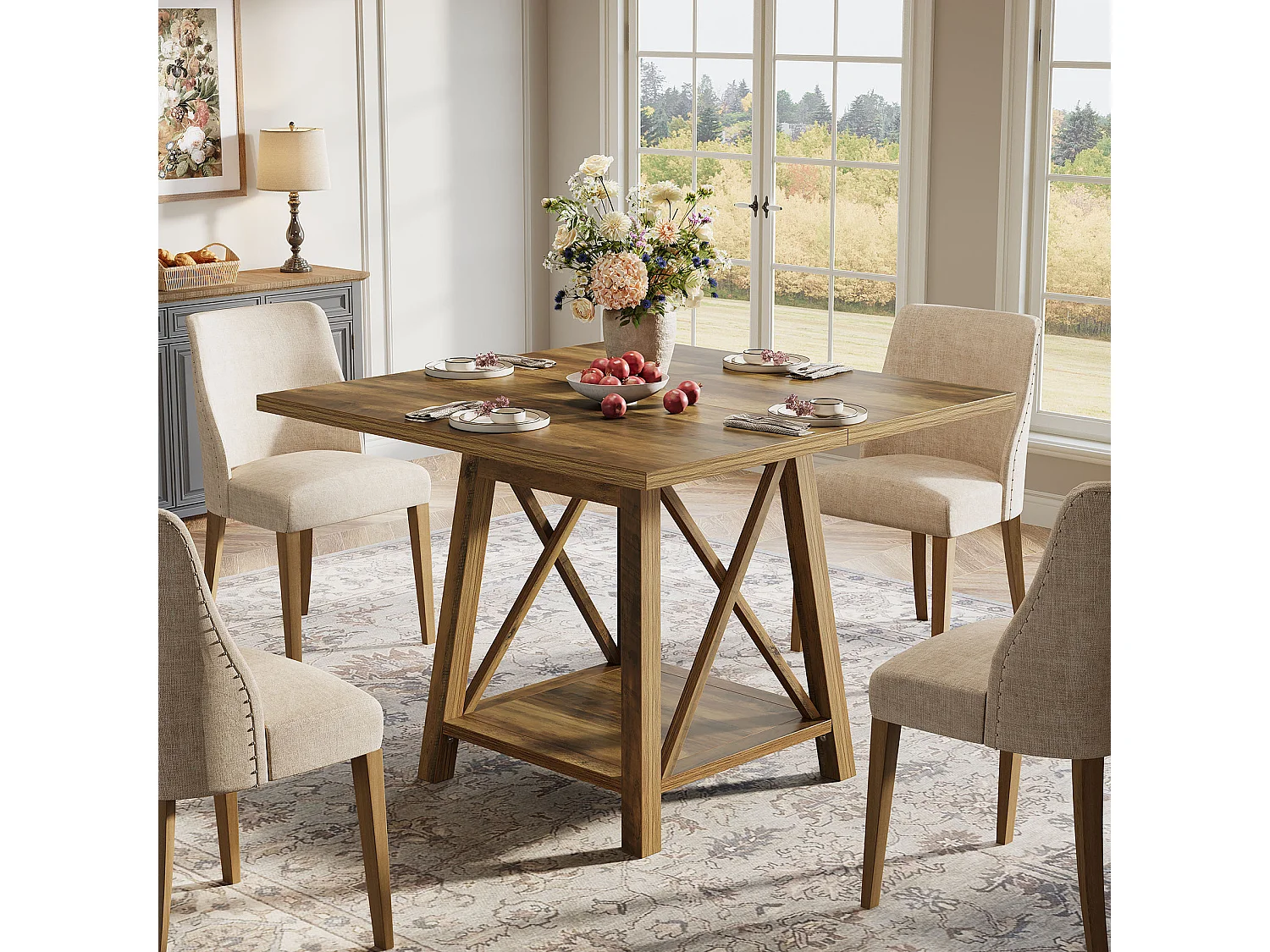 Kwadratowy stół jadalny dla 4 osób, stół kuchenny w stylu rustykalnym z półkami do przechowywania