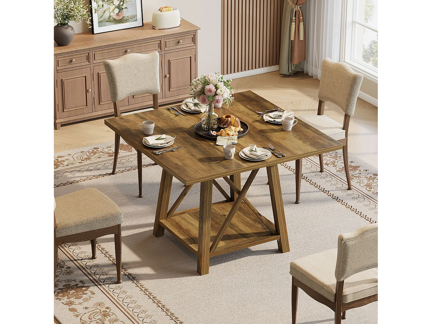 Kwadratowy stół jadalny dla 4 osób, stół kuchenny w stylu rustykalnym z półkami do przechowywania