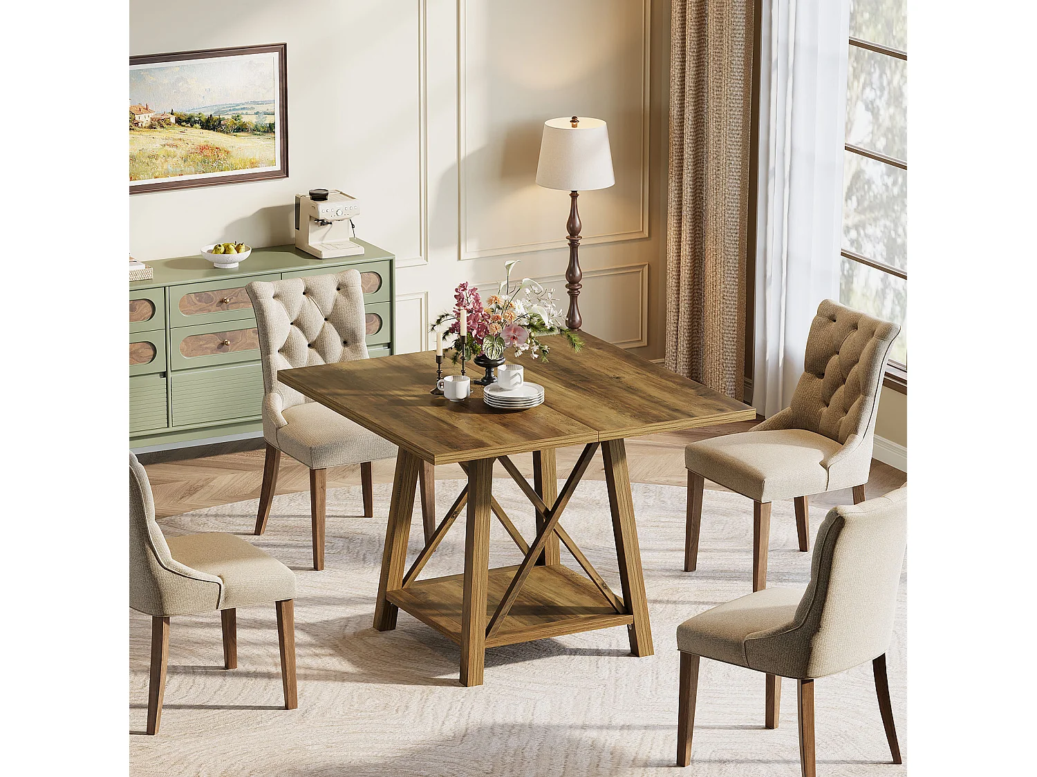 Kwadratowy stół jadalny dla 4 osób, stół kuchenny w stylu rustykalnym z półkami do przechowywania