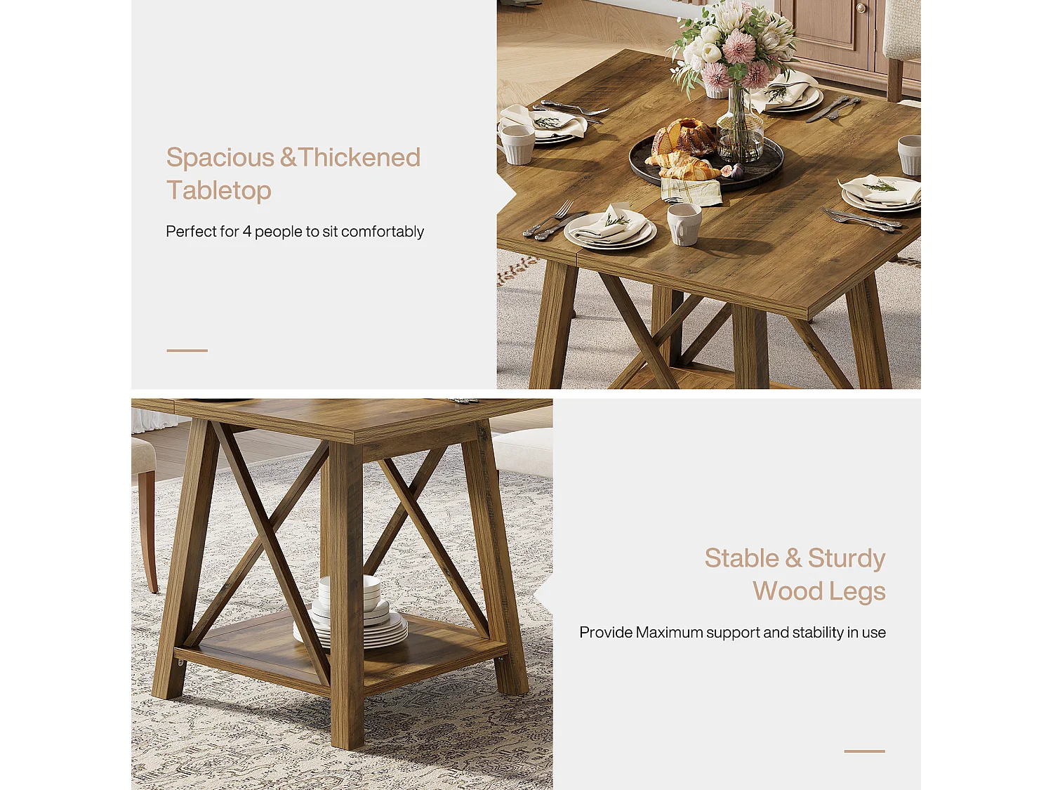 Kwadratowy stół jadalny dla 4 osób, stół kuchenny w stylu rustykalnym z półkami do przechowywania