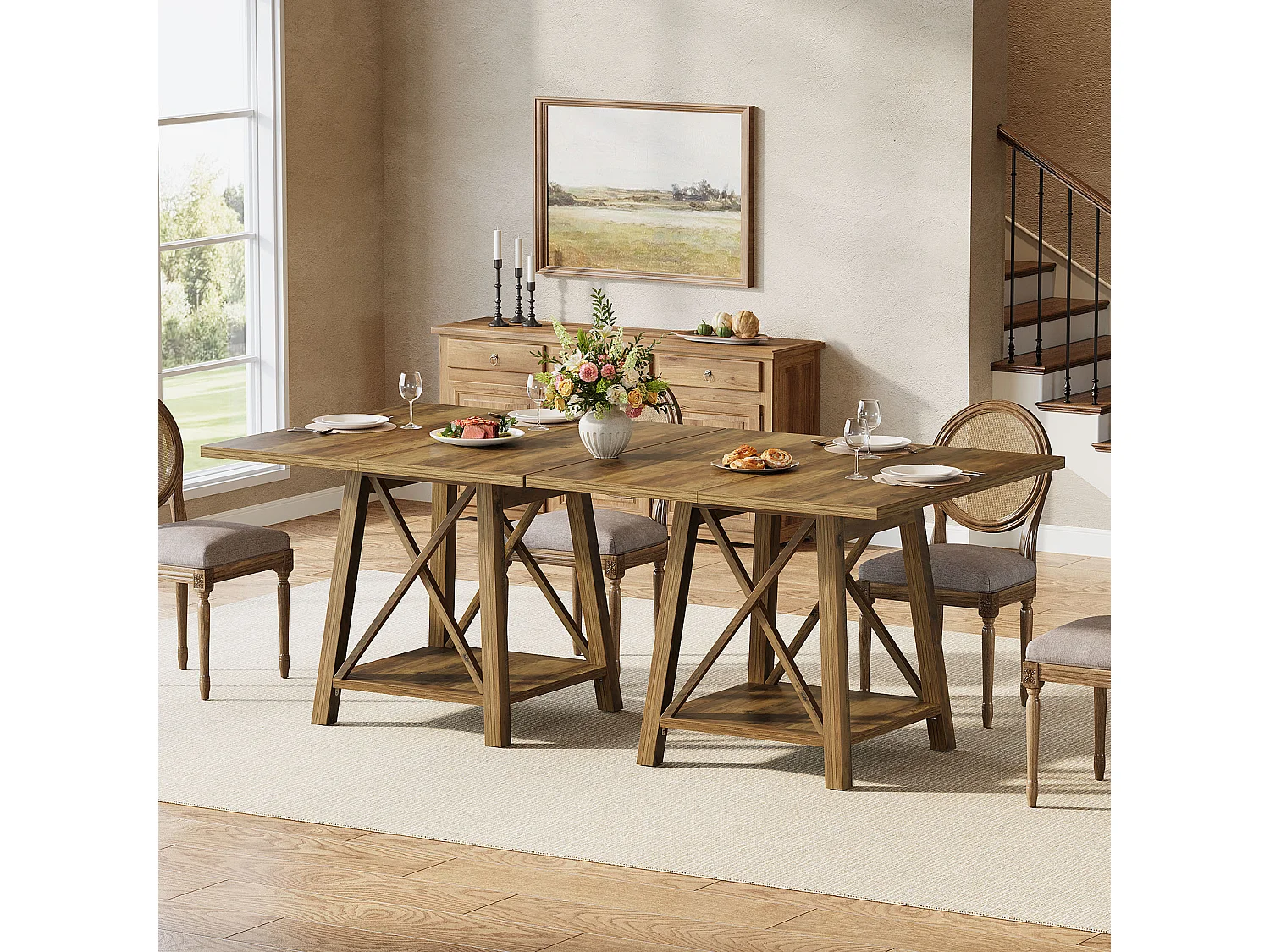 Kwadratowy stół jadalny dla 4 osób, stół kuchenny w stylu rustykalnym z półkami do przechowywania