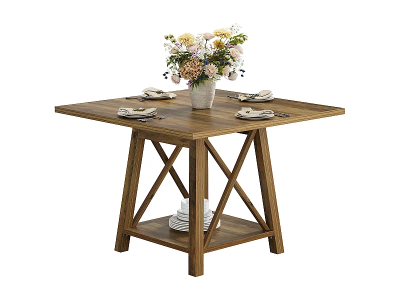 Kwadratowy stół jadalny dla 4 osób, stół kuchenny w stylu rustykalnym z półkami do przechowywania