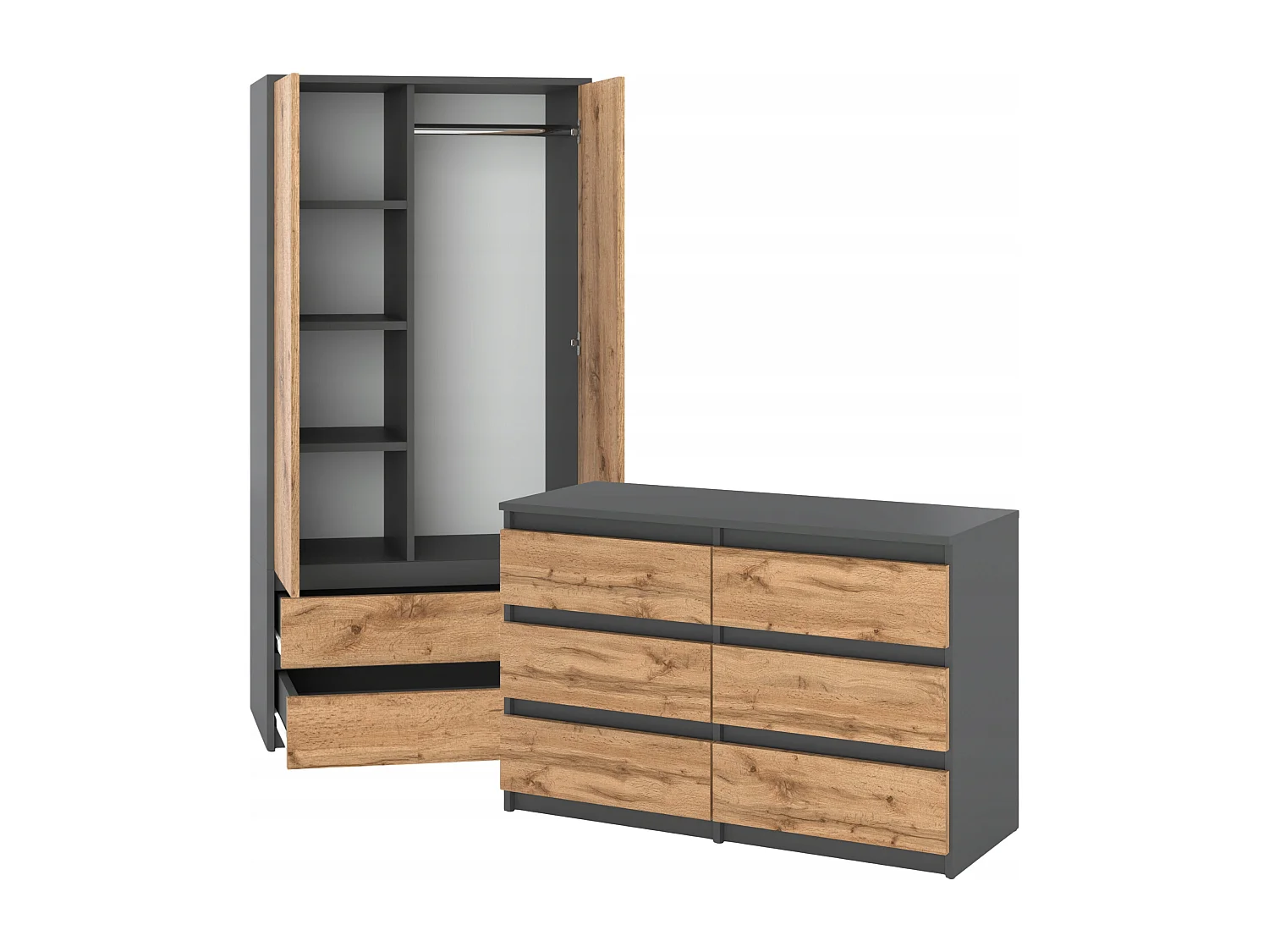 Set de Meuble de Rangement – Armoire 90 cm + Commode 6 Tiroirs 100cm  – Gris+ Chêne Wotan– Moderne et Pratique