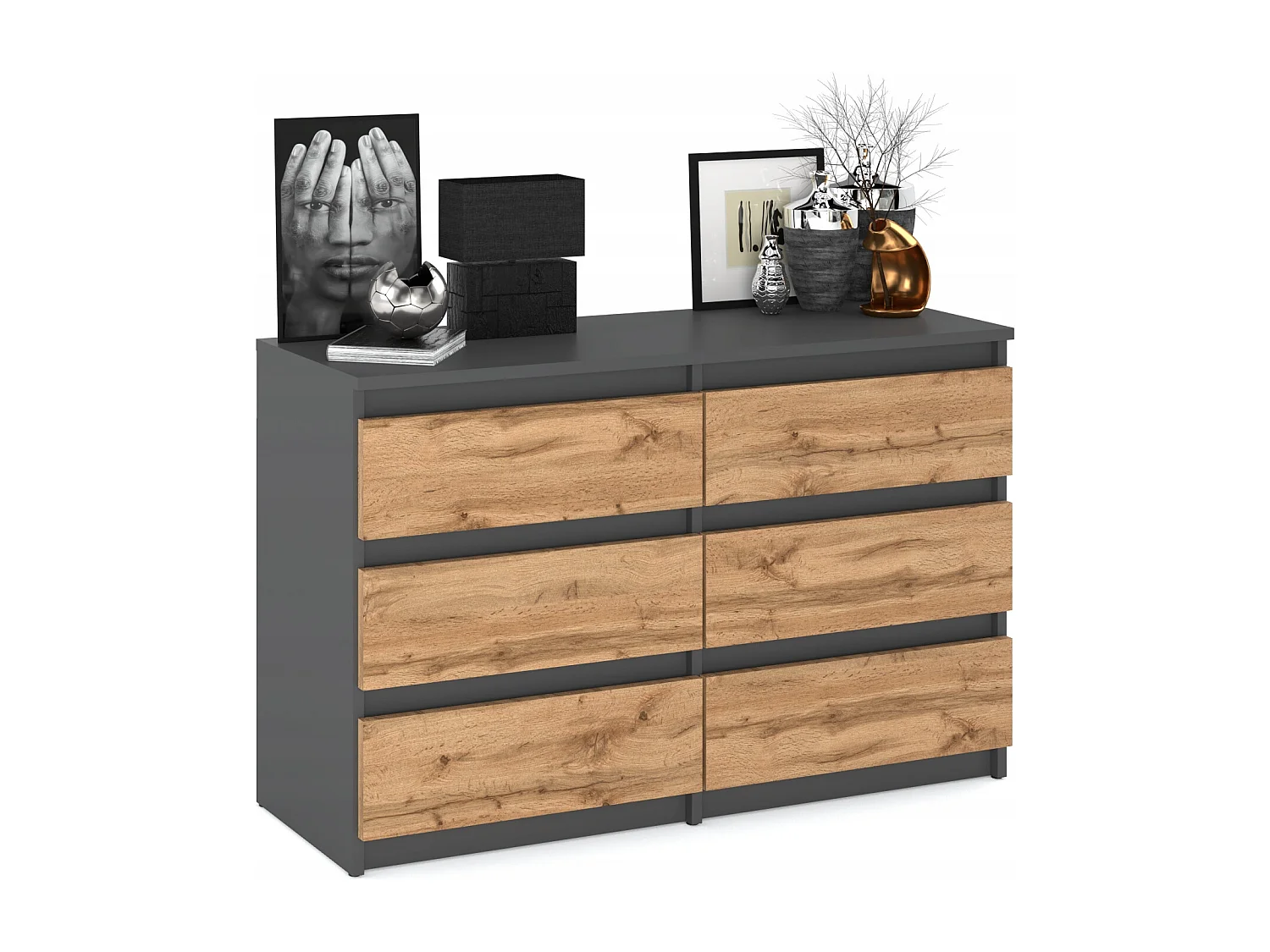 Set de Meuble de Rangement – Armoire 90 cm + Commode 6 Tiroirs 100cm  – Gris+ Chêne Wotan– Moderne et Pratique