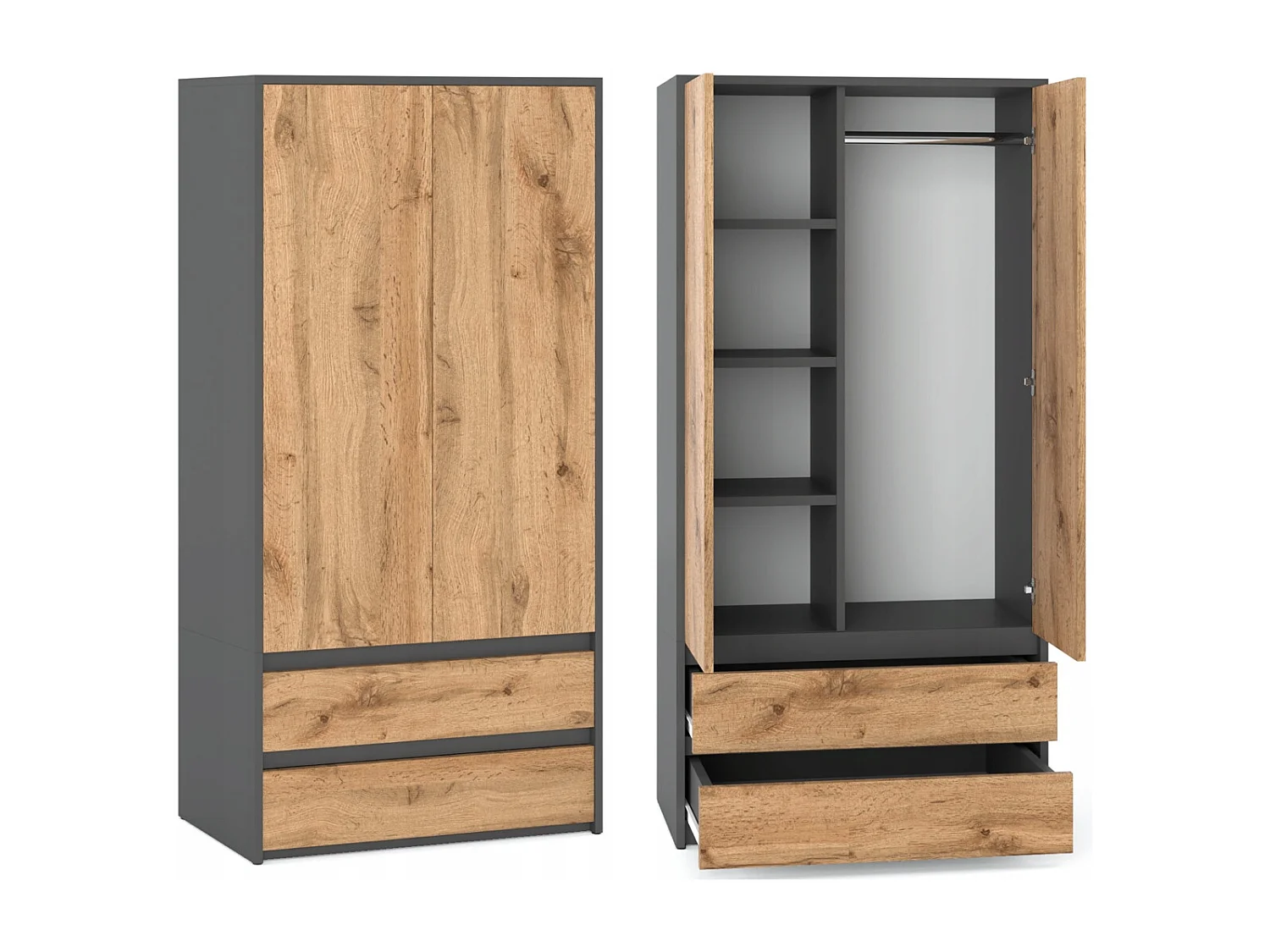 Set de Meuble de Rangement – Armoire 90 cm + Commode 6 Tiroirs 100cm  – Gris+ Chêne Wotan– Moderne et Pratique