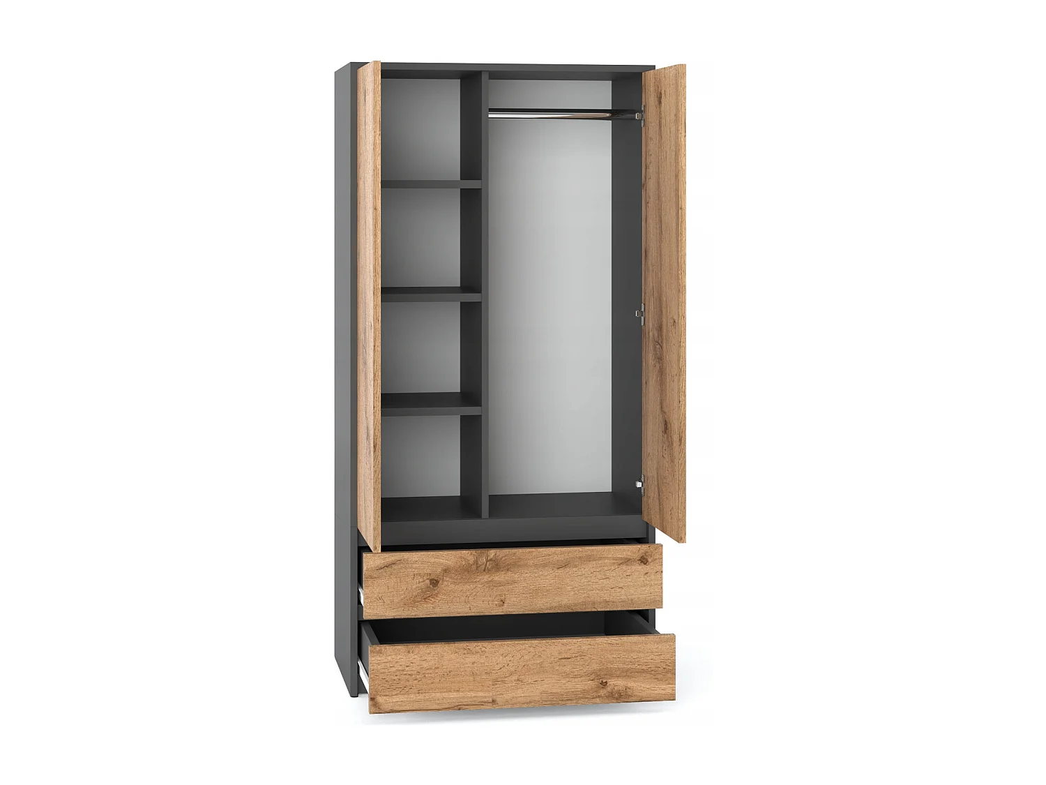 Set de Meuble de Rangement – Armoire 90 cm + Commode 6 Tiroirs 100cm  – Gris+ Chêne Wotan– Moderne et Pratique