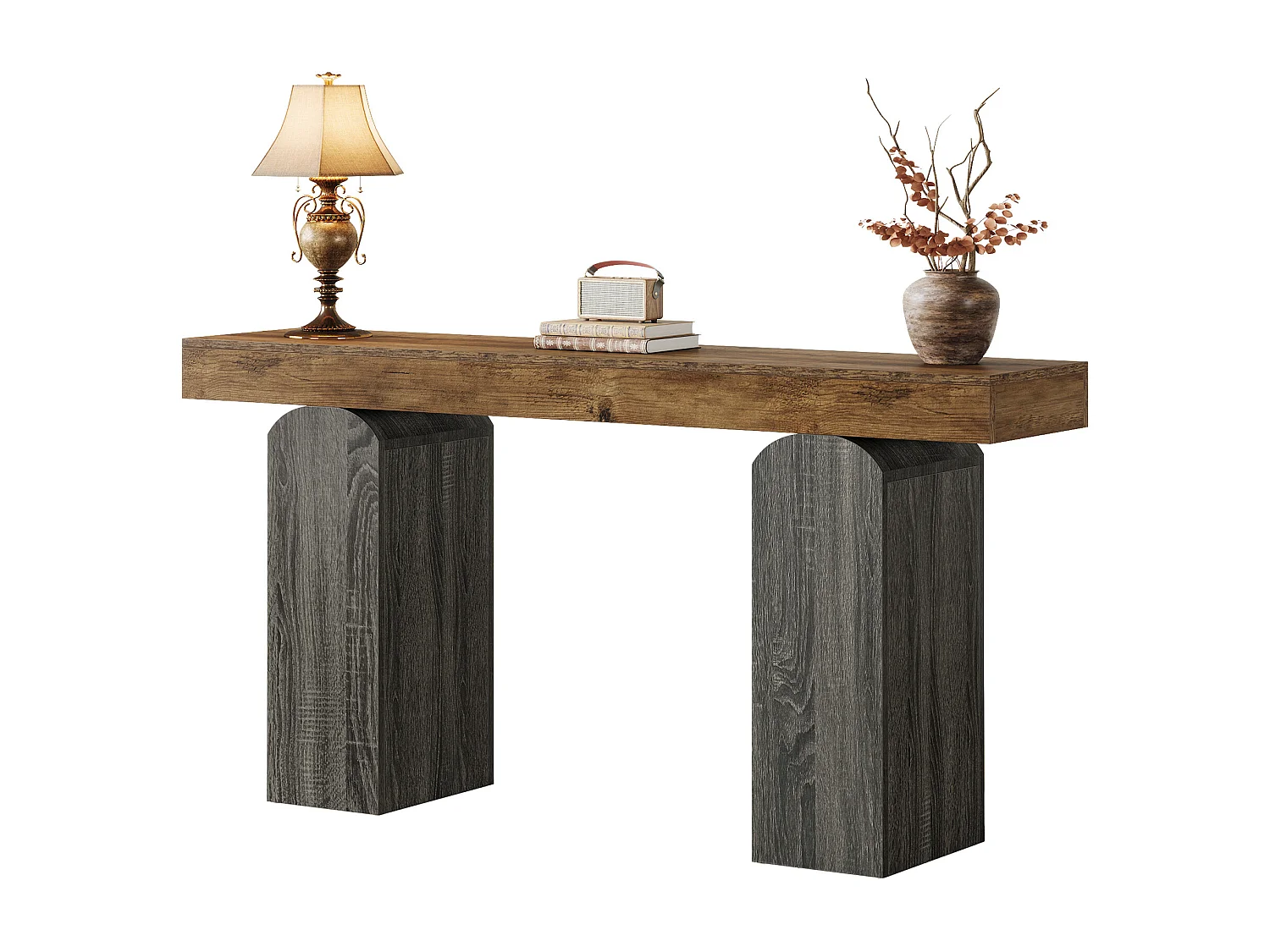 Table console d'entrée de 160 cm de long, style ferme, avec 2 pieds arqués.